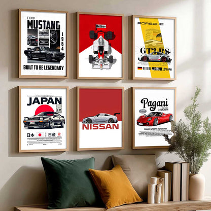 Porsche 911 Ford Mustang Nissan GT Car Wall Art Paintings with Frame for Living Room Bedroom