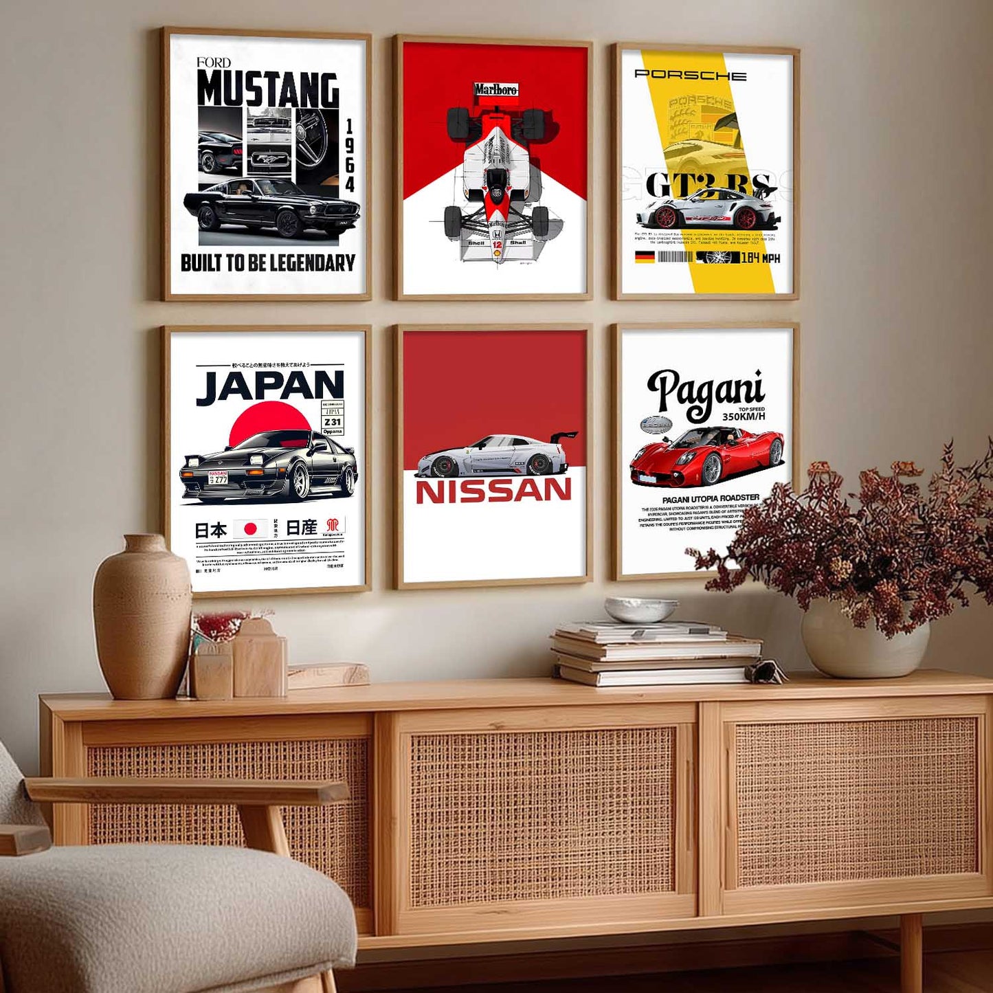 Porsche 911 Ford Mustang Nissan GT Car Wall Art Paintings with Frame for Living Room Bedroom