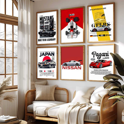 Porsche 911 Ford Mustang Nissan GT Car Wall Art Paintings with Frame for Living Room Bedroom