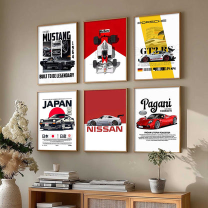 Porsche 911 Ford Mustang Nissan GT Car Wall Art Paintings with Frame for Living Room Bedroom