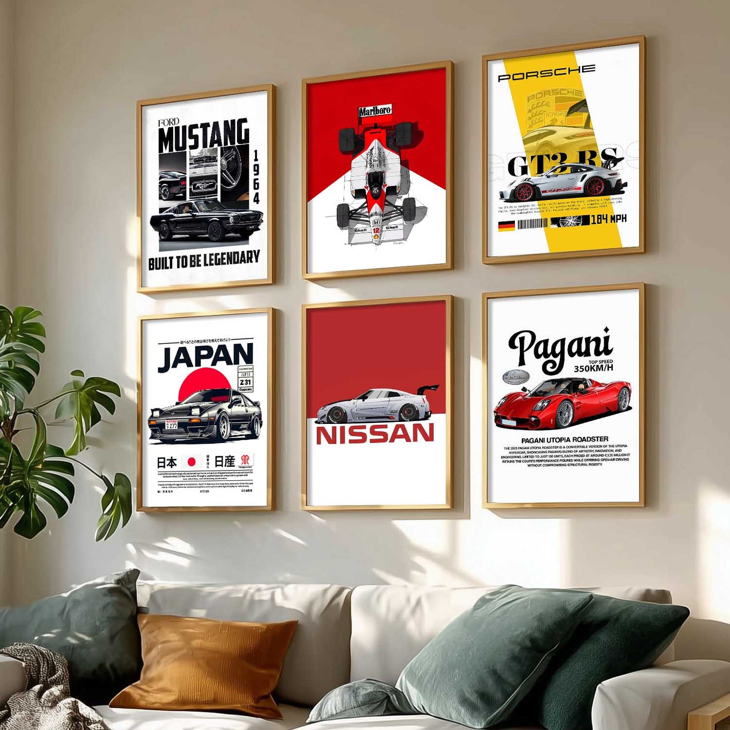 Porsche 911 Ford Mustang Nissan GT Car Wall Art Paintings with Frame for Living Room Bedroom