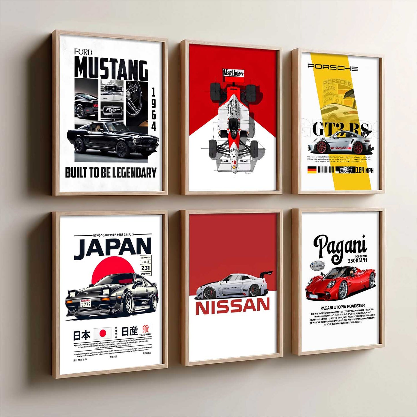 Porsche 911 Ford Mustang Nissan GT Car Wall Art Paintings with Frame for Living Room Bedroom