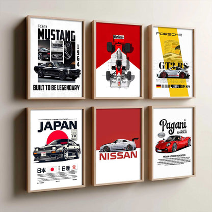 Porsche 911 Ford Mustang Nissan GT Car Wall Art Paintings with Frame for Living Room Bedroom