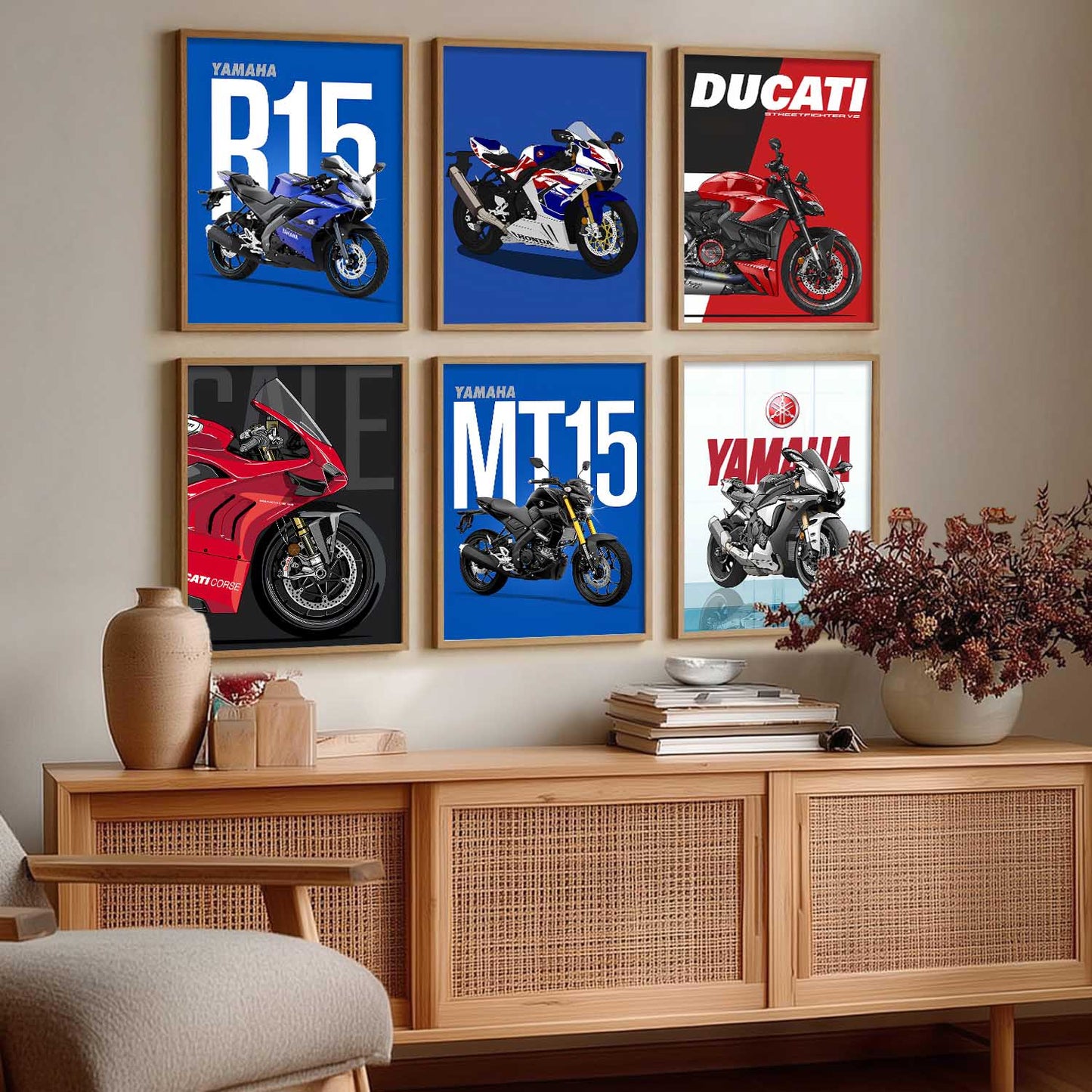 Ducati Panigale V4 Yamaha R1 Bikes Wall Art Paintings with Frame for Living Room Bedroom