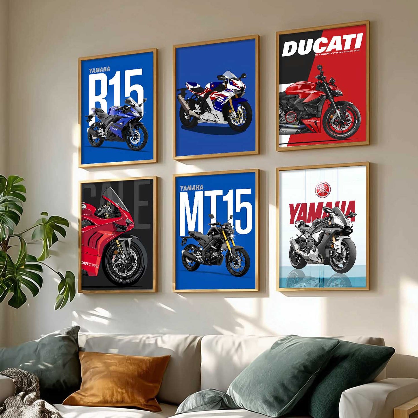 Ducati Panigale V4 Yamaha R1 Bikes Wall Art Paintings with Frame for Living Room Bedroom