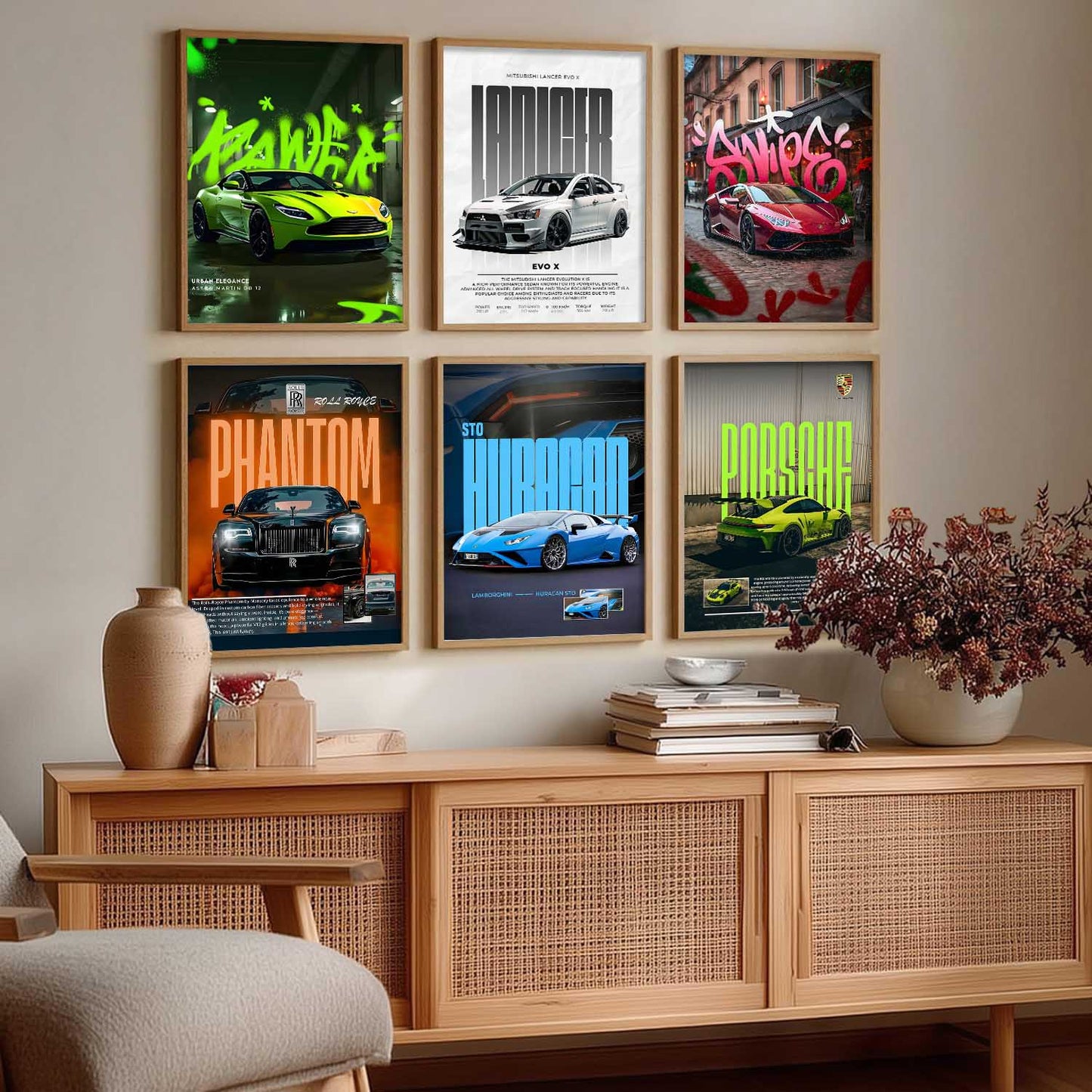 Porsche 911 Lamborghini Huracan Rolls Royce Car Wall Art Paintings with Frame for Living Room Bedroom