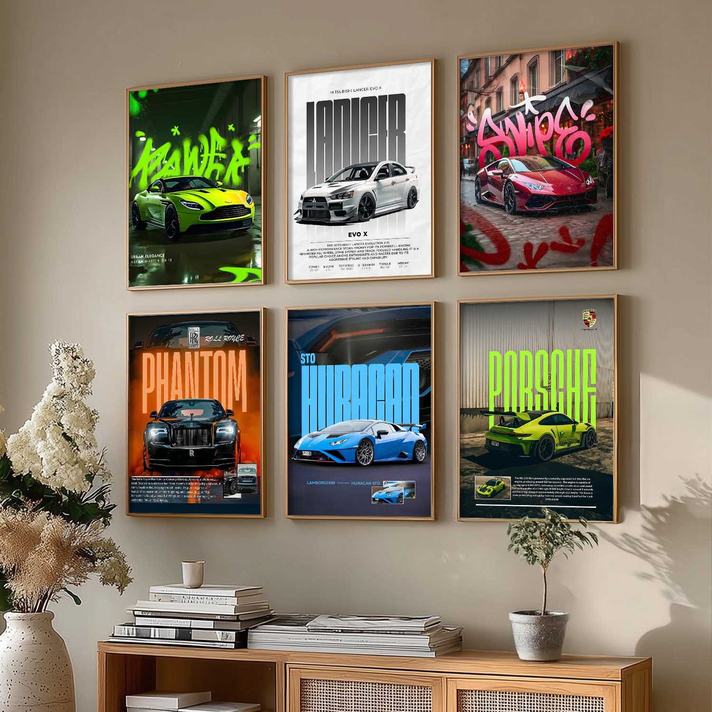 Porsche 911 Lamborghini Huracan Rolls Royce Car Wall Art Paintings with Frame for Living Room Bedroom