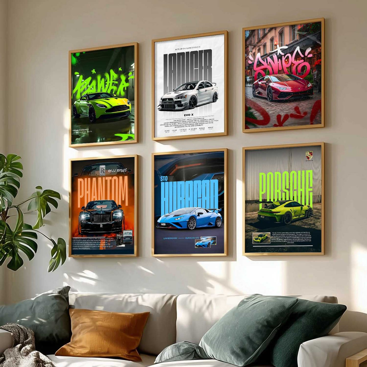 Porsche 911 Lamborghini Huracan Rolls Royce Car Wall Art Paintings with Frame for Living Room Bedroom