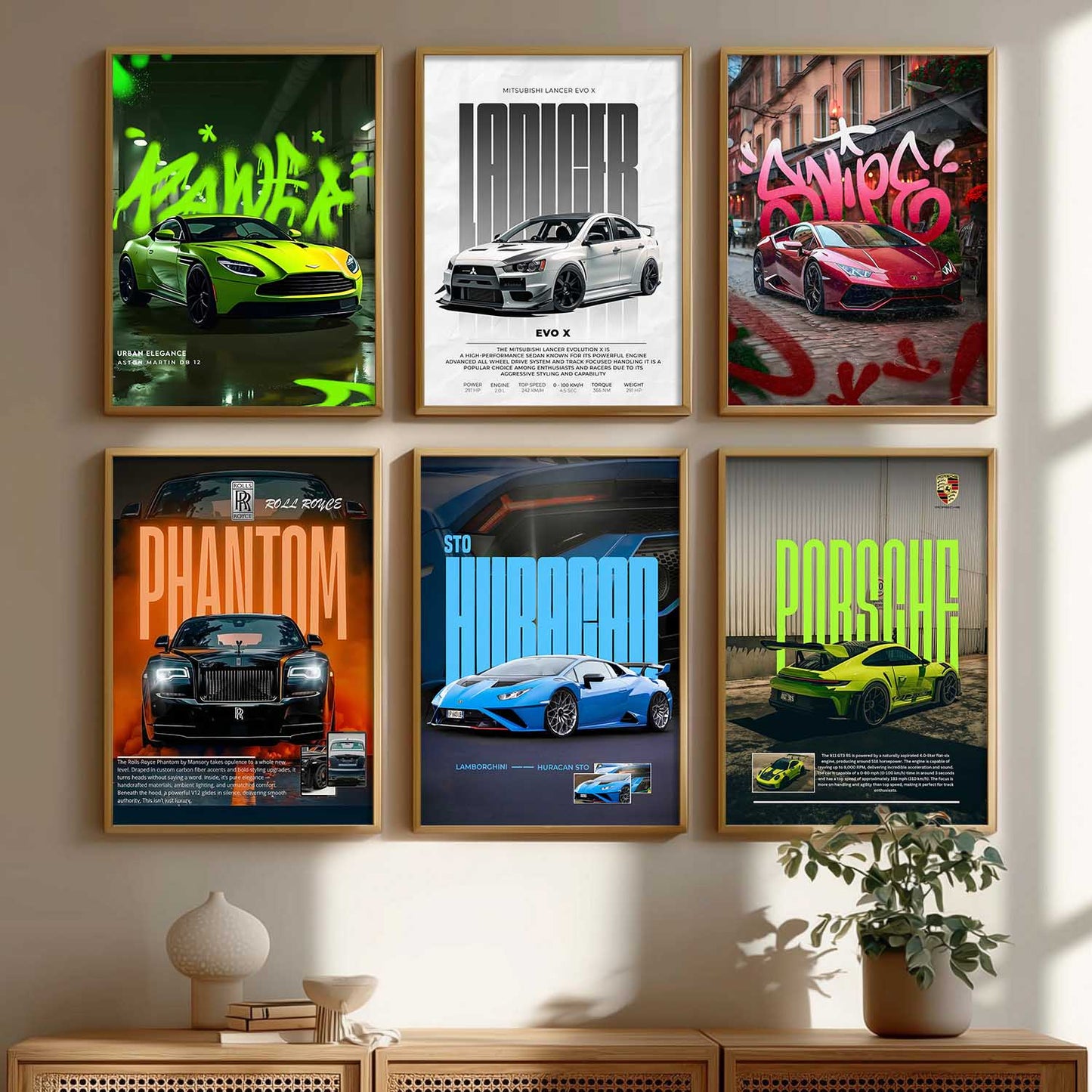 Porsche 911 Lamborghini Huracan Rolls Royce Car Wall Art Paintings with Frame for Living Room Bedroom