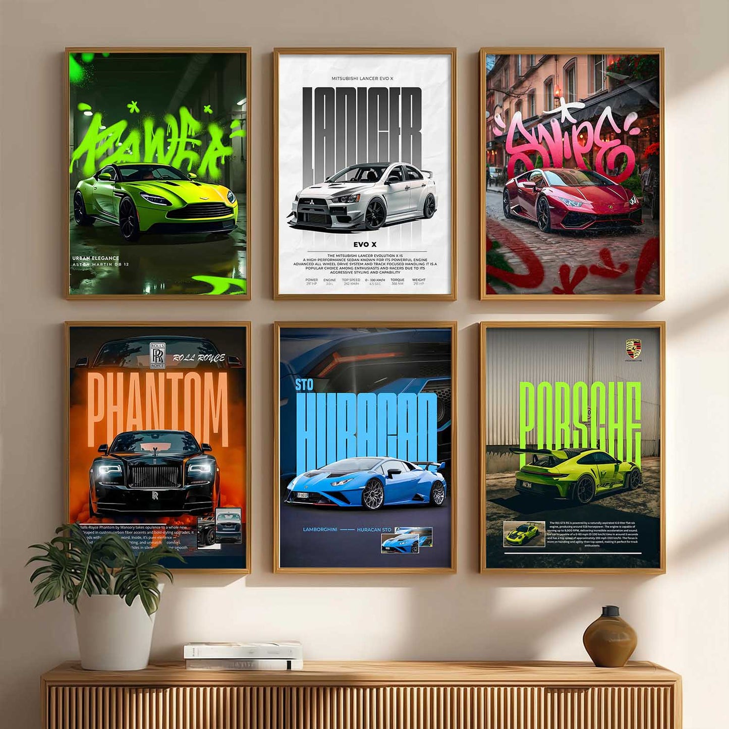 Porsche 911 Lamborghini Huracan Rolls Royce Car Wall Art Paintings with Frame for Living Room Bedroom