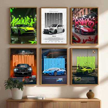 Porsche 911 Lamborghini Huracan Rolls Royce Car Wall Art Paintings with Frame for Living Room Bedroom
