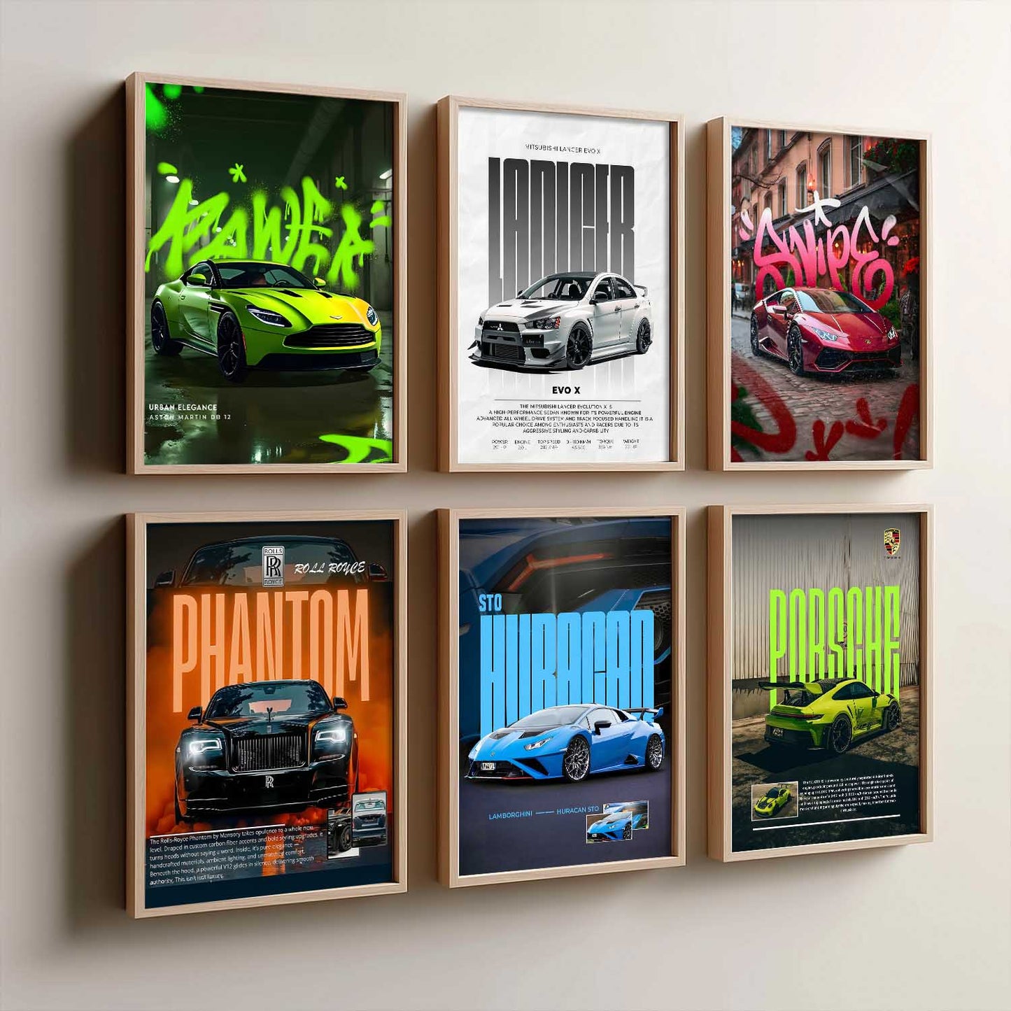 Porsche 911 Lamborghini Huracan Rolls Royce Car Wall Art Paintings with Frame for Living Room Bedroom