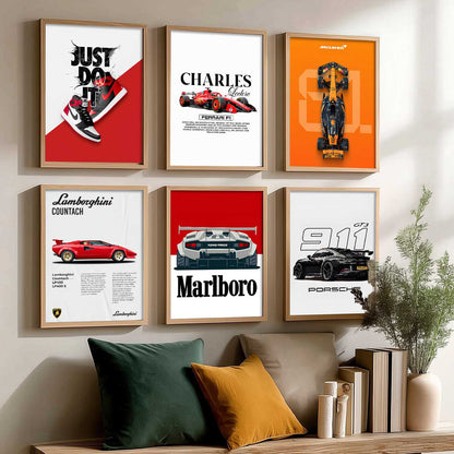 Porsche 911 Lamborghini Ferrari Formula 1 Car Wall Art Paintings with Frame for Living Room Bedroom