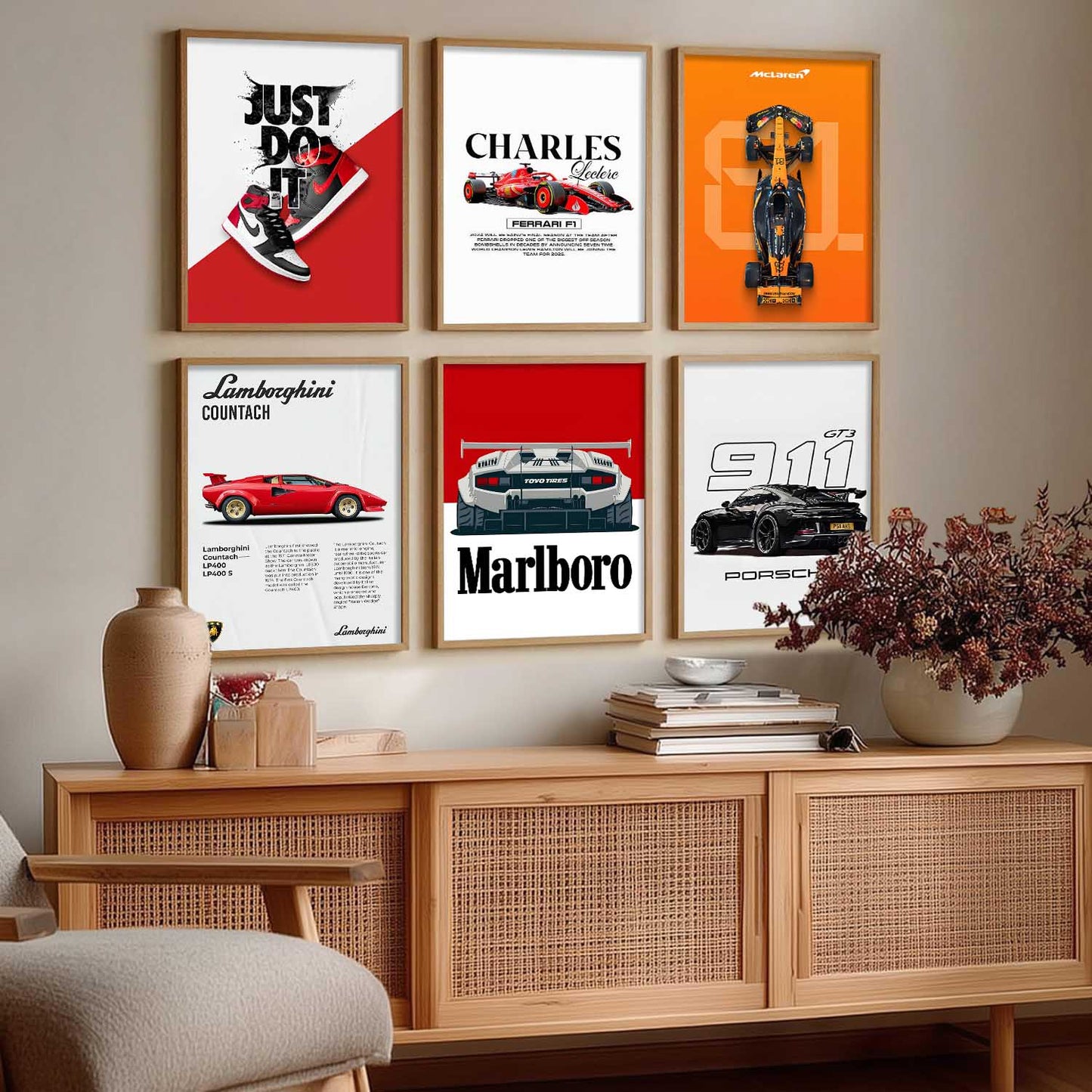 Porsche 911 Lamborghini Ferrari Formula 1 Car Wall Art Paintings with Frame for Living Room Bedroom