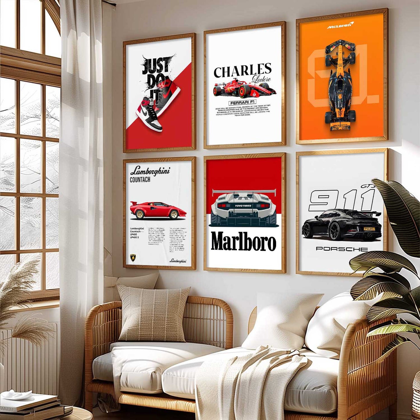 Porsche 911 Lamborghini Ferrari Formula 1 Car Wall Art Paintings with Frame for Living Room Bedroom