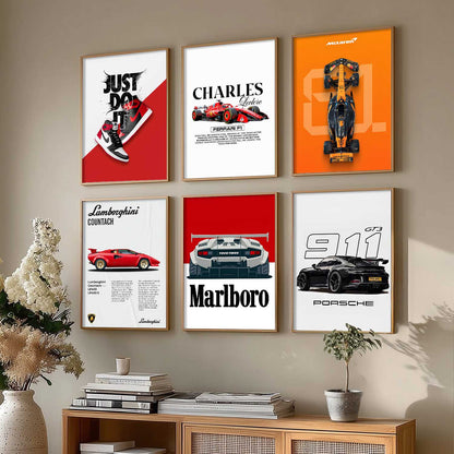 Porsche 911 Lamborghini Ferrari Formula 1 Car Wall Art Paintings with Frame for Living Room Bedroom