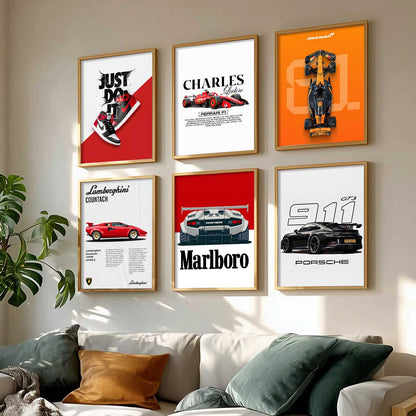 Porsche 911 Lamborghini Ferrari Formula 1 Car Wall Art Paintings with Frame for Living Room Bedroom