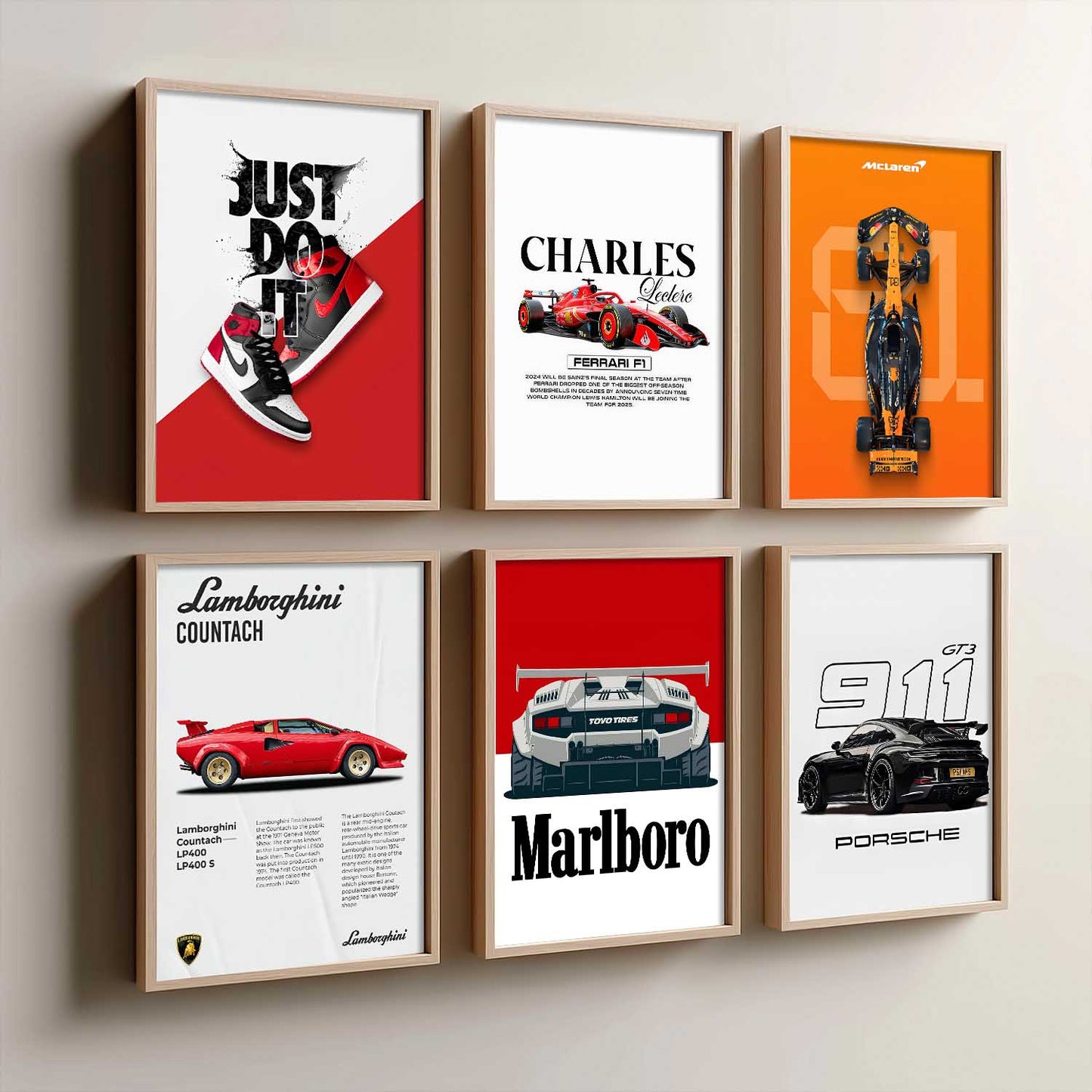 Porsche 911 Lamborghini Ferrari Formula 1 Car Wall Art Paintings with Frame for Living Room Bedroom
