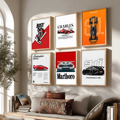 Porsche 911 Lamborghini Ferrari Formula 1 Car Wall Art Paintings with Frame for Living Room Bedroom