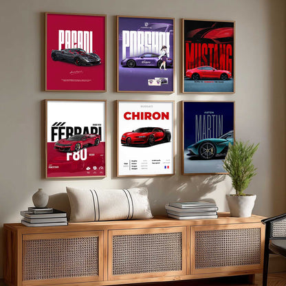 Porsche 911 Ford Mustang Bugatti Chiron Car Wall Art Paintings with Frame for Living Room Bedroom