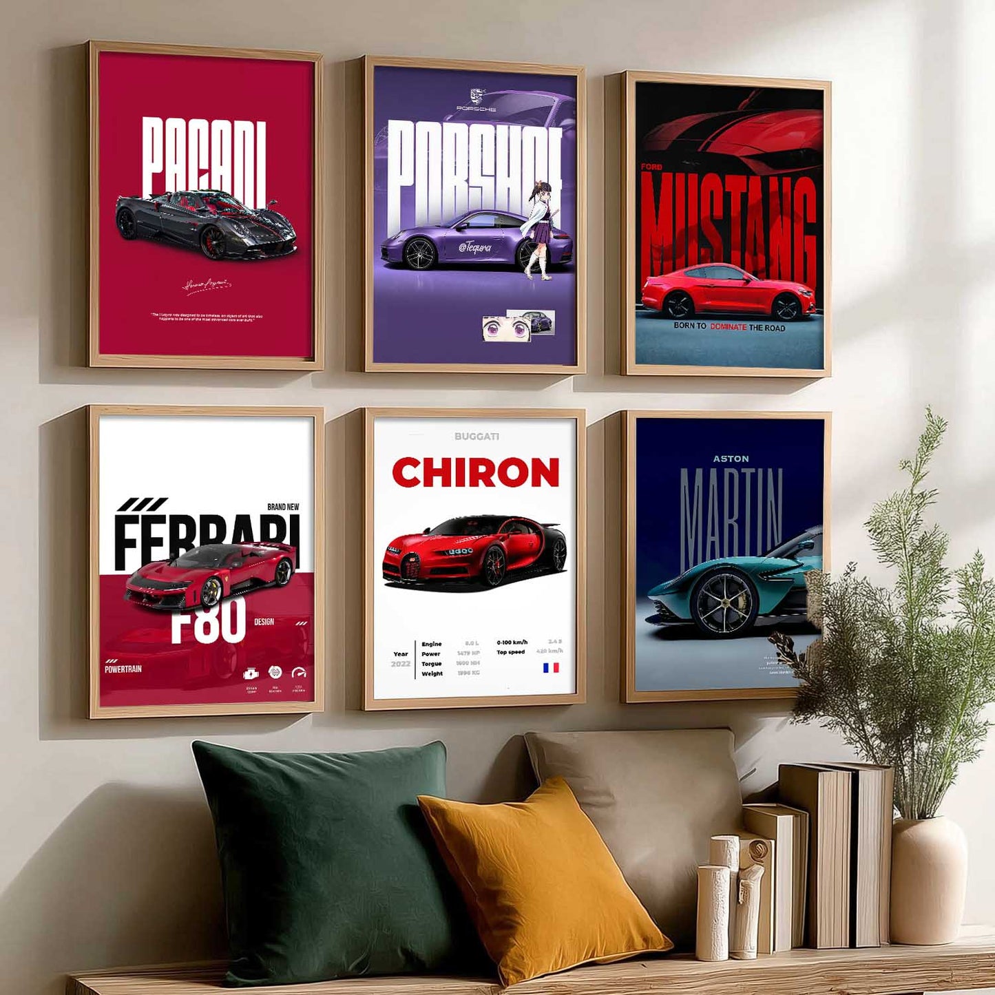 Porsche 911 Ford Mustang Bugatti Chiron Car Wall Art Paintings with Frame for Living Room Bedroom