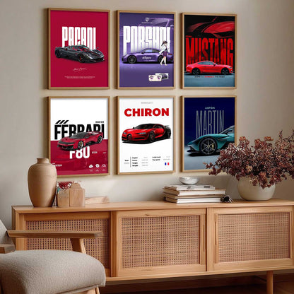 Porsche 911 Ford Mustang Bugatti Chiron Car Wall Art Paintings with Frame for Living Room Bedroom