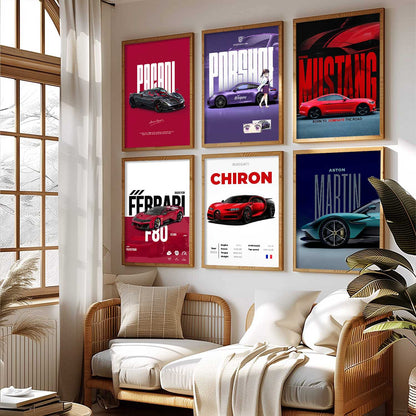 Porsche 911 Ford Mustang Bugatti Chiron Car Wall Art Paintings with Frame for Living Room Bedroom