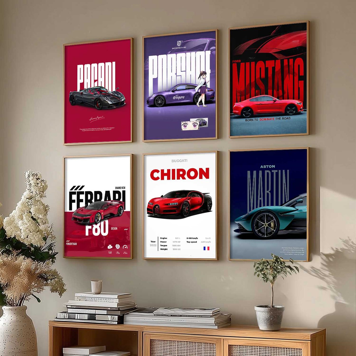 Porsche 911 Ford Mustang Bugatti Chiron Car Wall Art Paintings with Frame for Living Room Bedroom
