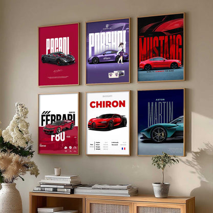 Porsche 911 Ford Mustang Bugatti Chiron Car Wall Art Paintings with Frame for Living Room Bedroom