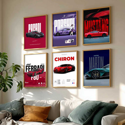 Porsche 911 Ford Mustang Bugatti Chiron Car Wall Art Paintings with Frame for Living Room Bedroom