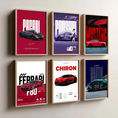 Porsche 911 Ford Mustang Bugatti Chiron Car Wall Art Paintings with Frame for Living Room Bedroom