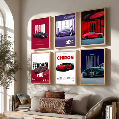 Porsche 911 Ford Mustang Bugatti Chiron Car Wall Art Paintings with Frame for Living Room Bedroom