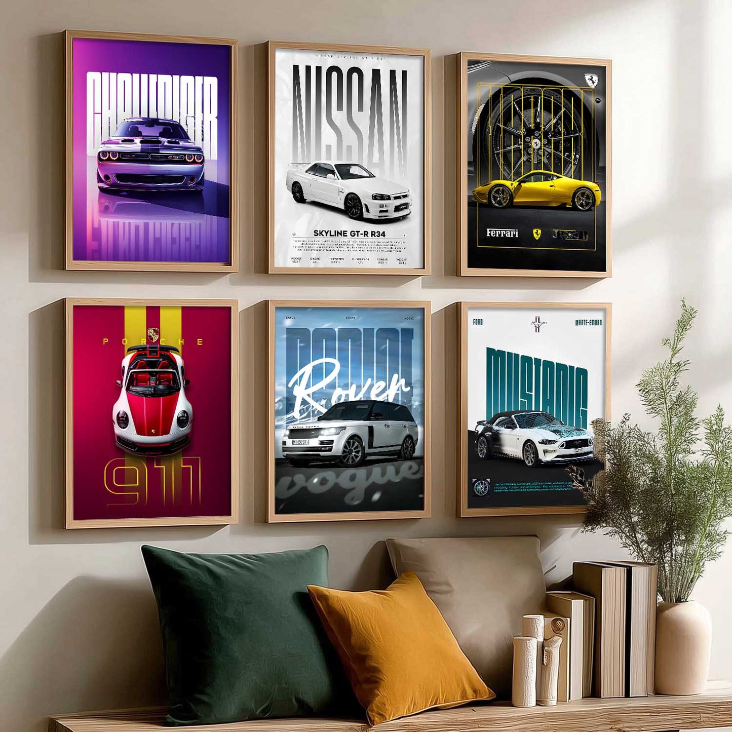 Porsche 911 Ford Mustang Ferrari Nissan GT Car Wall Art Paintings with Frame for Living Room Bedroom
