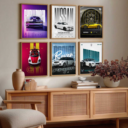 Porsche 911 Ford Mustang Ferrari Nissan GT Car Wall Art Paintings with Frame for Living Room Bedroom