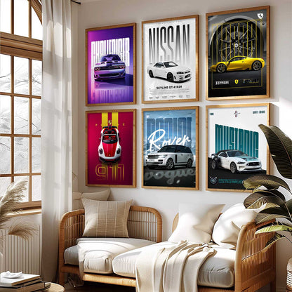 Porsche 911 Ford Mustang Ferrari Nissan GT Car Wall Art Paintings with Frame for Living Room Bedroom