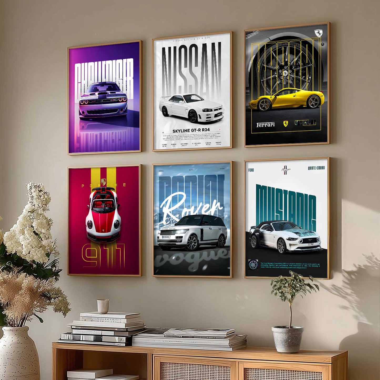 Porsche 911 Ford Mustang Ferrari Nissan GT Car Wall Art Paintings with Frame for Living Room Bedroom