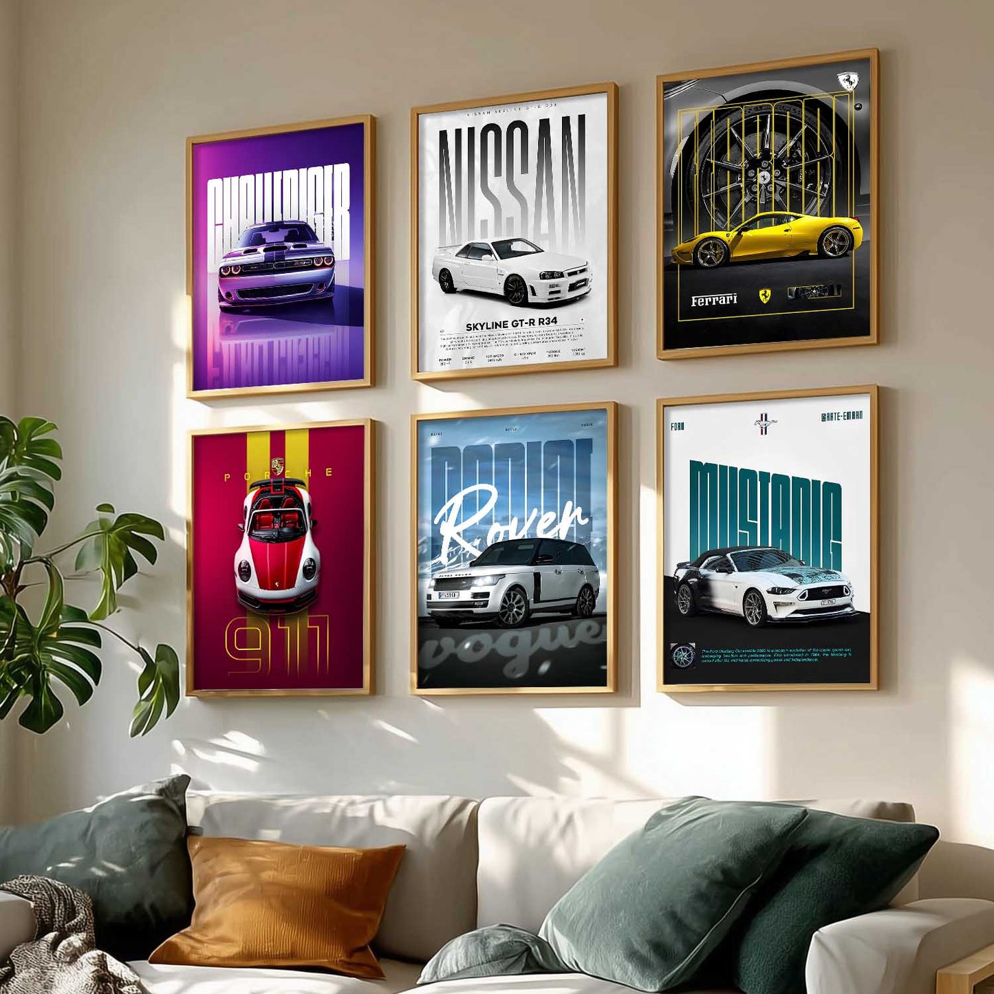 Porsche 911 Ford Mustang Ferrari Nissan GT Car Wall Art Paintings with Frame for Living Room Bedroom