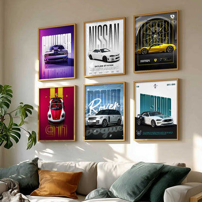 Porsche 911 Ford Mustang Ferrari Nissan GT Car Wall Art Paintings with Frame for Living Room Bedroom