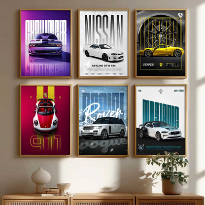 Porsche 911 Ford Mustang Ferrari Nissan GT Car Wall Art Paintings with Frame for Living Room Bedroom