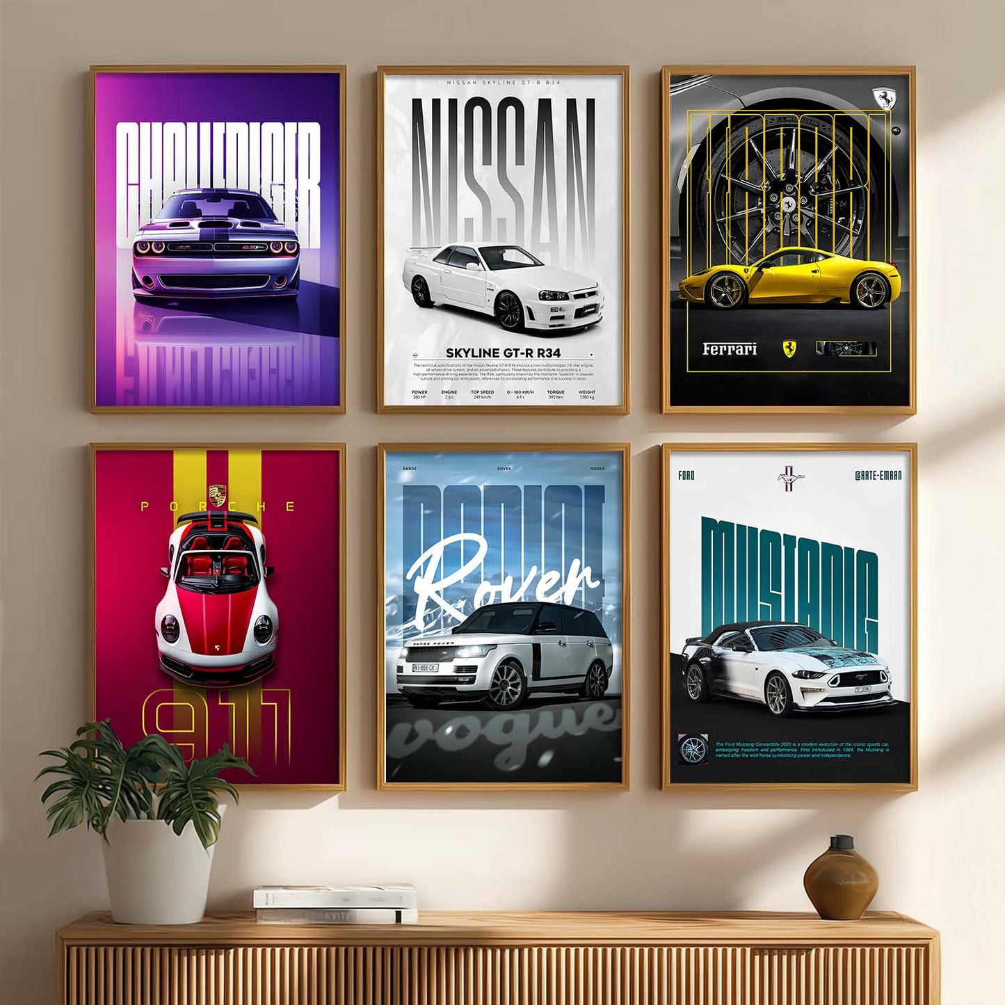 Porsche 911 Ford Mustang Ferrari Nissan GT Car Wall Art Paintings with Frame for Living Room Bedroom
