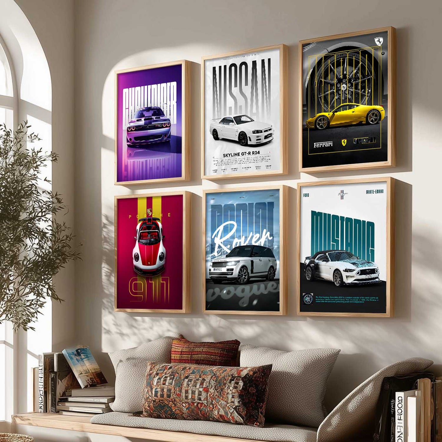Porsche 911 Ford Mustang Ferrari Nissan GT Car Wall Art Paintings with Frame for Living Room Bedroom