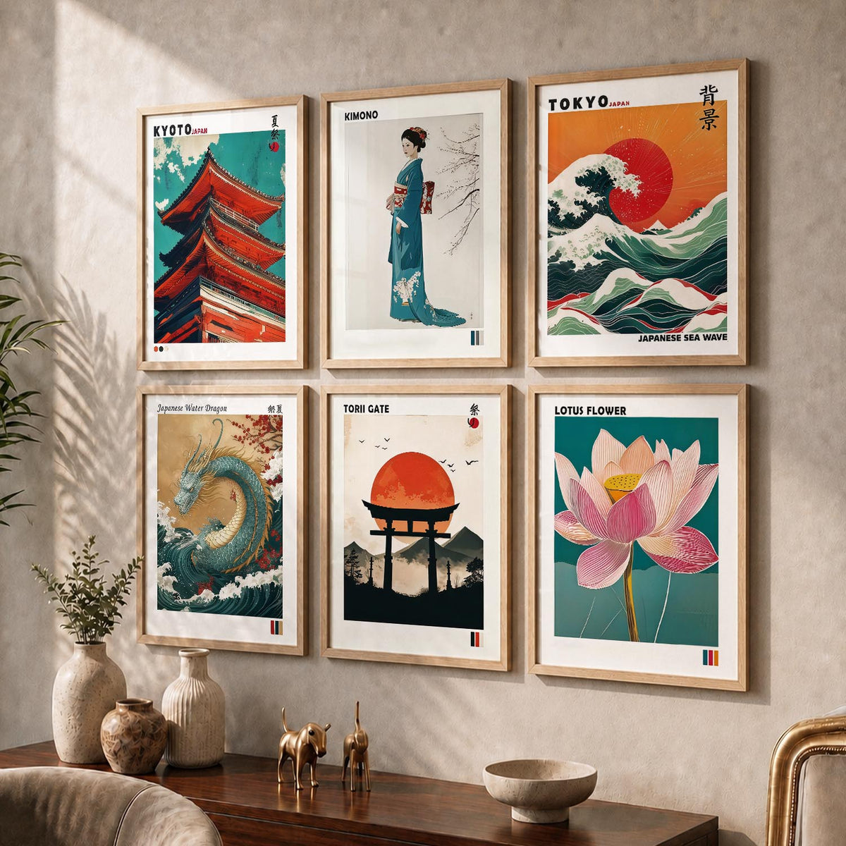Japanese Waves and City View Aesthetic Wall Art Paintings with Frame for Living Room Bedroom