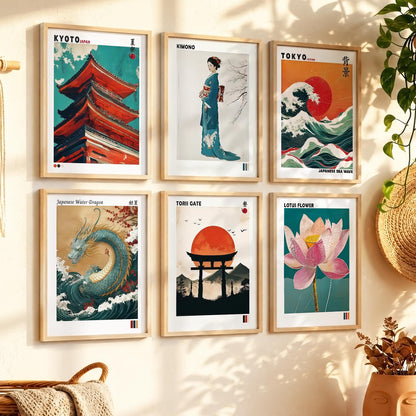 Japanese Waves and City View Aesthetic Wall Art Paintings with Frame for Living Room Bedroom