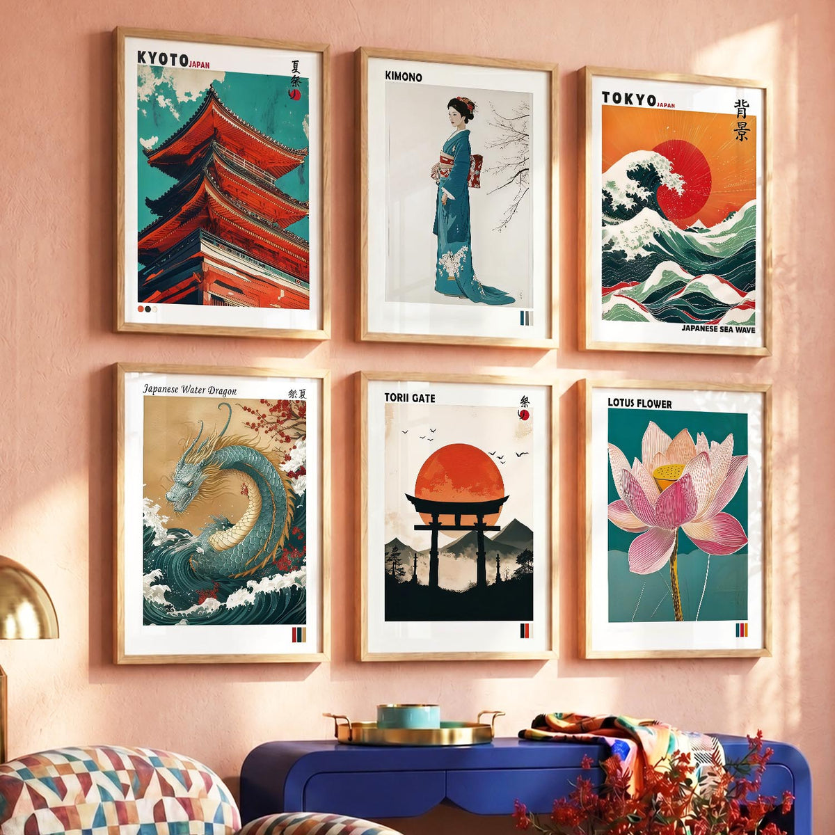 Japanese Waves and City View Aesthetic Wall Art Paintings with Frame for Living Room Bedroom