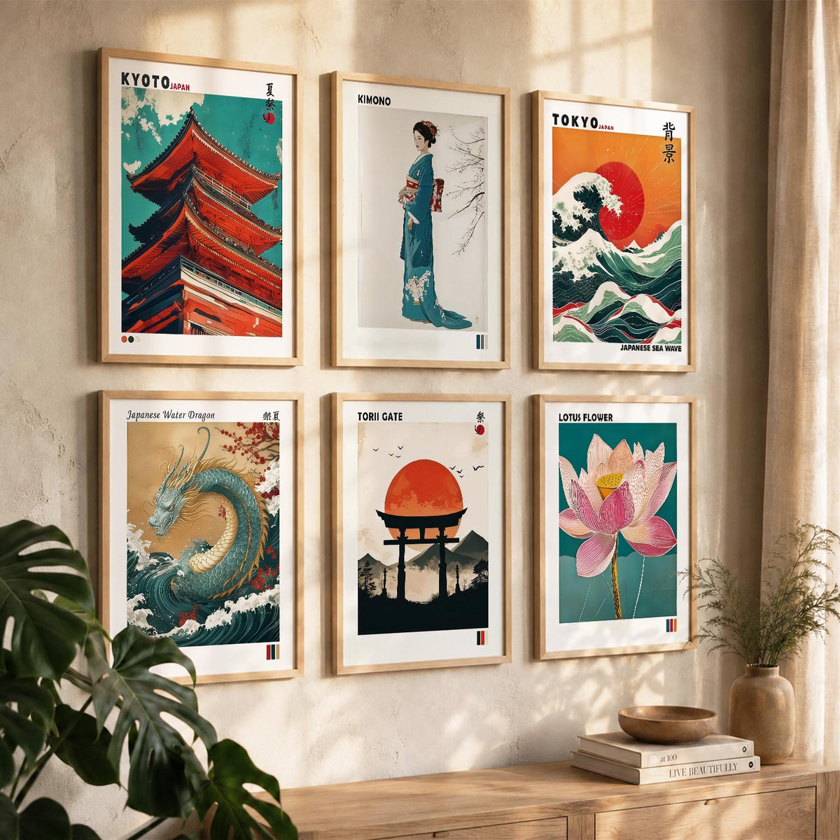 Japanese Waves and City View Aesthetic Wall Art Paintings with Frame for Living Room Bedroom