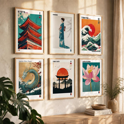 Japanese Waves and City View Aesthetic Wall Art Paintings with Frame for Living Room Bedroom