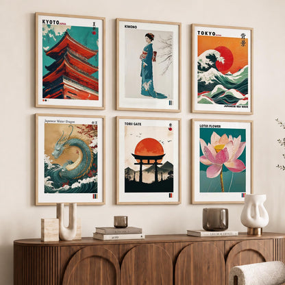 Japanese Waves and City View Aesthetic Wall Art Paintings with Frame for Living Room Bedroom
