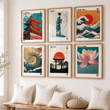 Japanese Waves and City View Aesthetic Wall Art Paintings with Frame for Living Room Bedroom