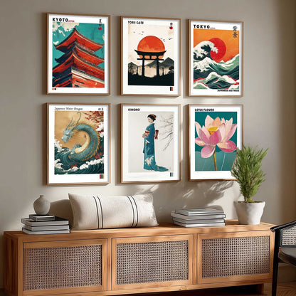 Japanese Waves and City View Aesthetic Wall Art Paintings with Frame for Living Room Bedroom