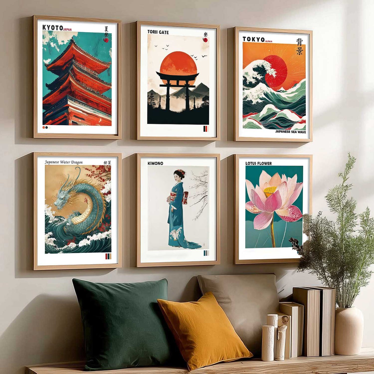 Japanese Waves and City View Aesthetic Wall Art Paintings with Frame for Living Room Bedroom